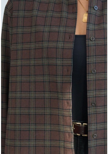 Kadın Ekose Desen Kahve-Yeşil Oduncu Gömleği fırsatları