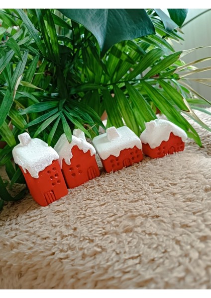 4'lü Noel Kar Evleri, Kırmızı Dekoratif Modeller, Şık ve Sevimli Ev Süsleri