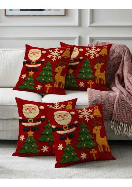 Yılbaşı Temalı Kırlent Kılıfı, Noel Baba ve Çam Ağacı Desenli, 4'lü Set