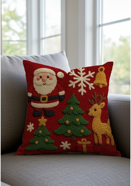 Yılbaşı Temalı Kırlent Kılıfı, Noel Baba ve Çam Ağacı Desenli, 4'lü Set fiyatları