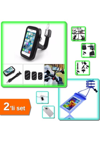 Bisiklet Motosiklet Su Geçirmez Telefon Tutucu + Su Geçirmez Telefon Kılıfı - 2li Set C1B0X3