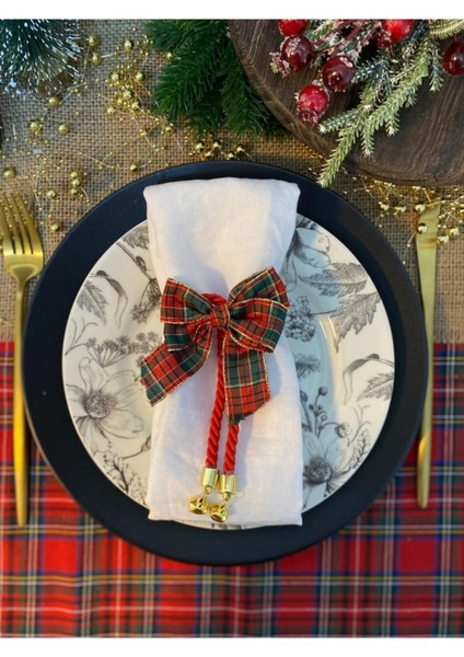 Ekose Fiyonklu Yılbaşı Peçete Halkası, 6'lı Set, Noel Teması