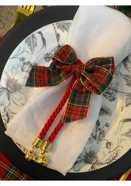 Ekose Fiyonklu Yılbaşı Peçete Halkası, 6'lı Set, Noel Teması fiyatları