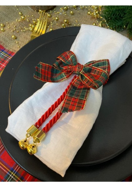 Ekose Fiyonklu Yılbaşı Peçete Halkası, 6'lı Set, Noel Teması fırsatları