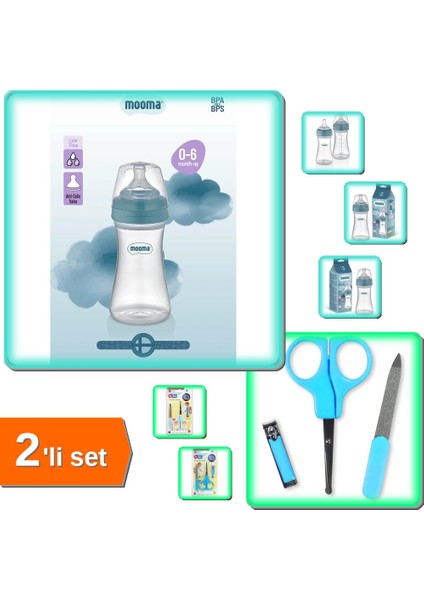 Biberon Anti Kolik 250 ml 0-6 Ay Yavaş Akış + Bebek Tırnak Bakımı Mavi - 2li Set L2C0J0