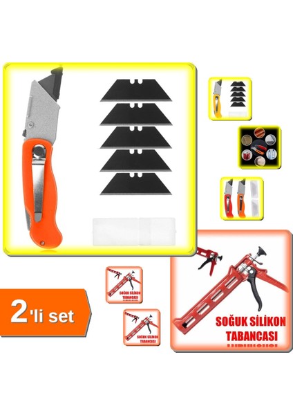 5 Bıçaklı Katlanabilir Falçata - Halı Alçıpan Falçatası + Silikon Tabancası Plastik - 2li Set R7M9M2