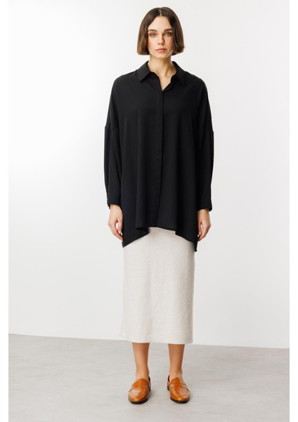 Özel Kalıp Zamansız Akıcı Kumaştan Bluz Tunik-Siyah fiyatları