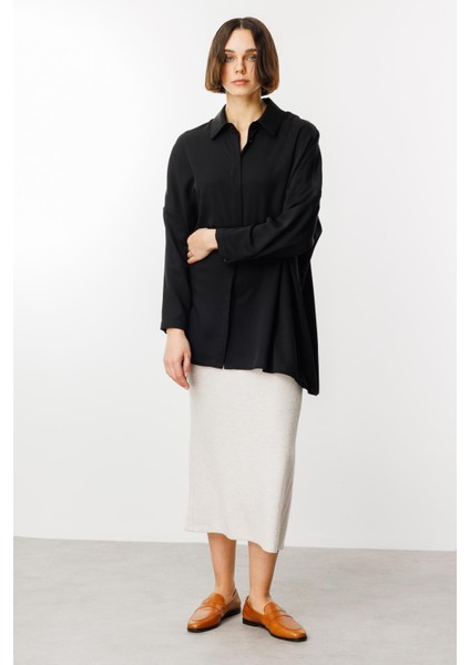 Özel Kalıp Zamansız Akıcı Kumaştan Bluz Tunik-Siyah modelleri