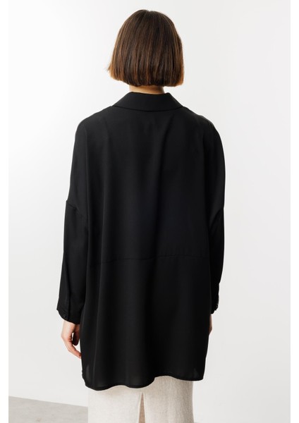 Özel Kalıp Zamansız Akıcı Kumaştan Bluz Tunik-Siyah