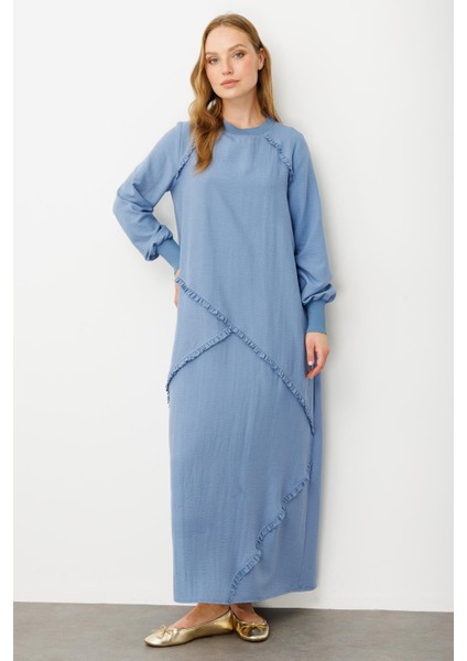 Yumuşak Dokusu ve Zarif Detaylarıyla Ipekçe Doku Ribanalı Özel Elbise-Mavi fiyatları