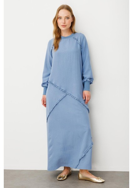 Yumuşak Dokusu ve Zarif Detaylarıyla Ipekçe Doku Ribanalı Özel Elbise-Mavi modelleri