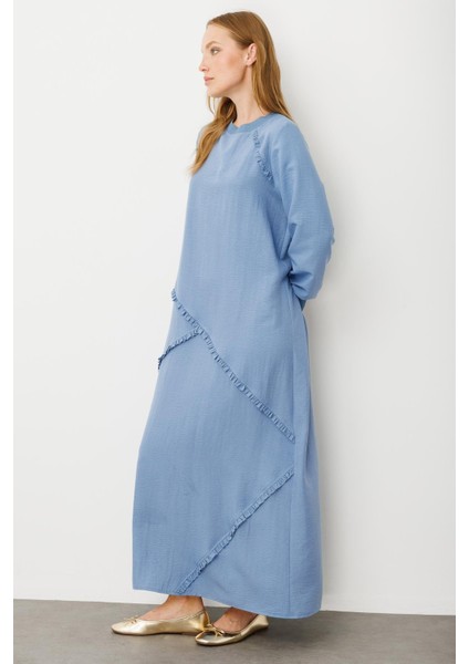 Yumuşak Dokusu ve Zarif Detaylarıyla Ipekçe Doku Ribanalı Özel Elbise-Mavi fırsatları