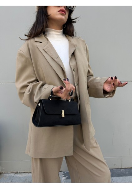 *** Luna Model Süet Siyah Kadın El ve Omuz Çantası