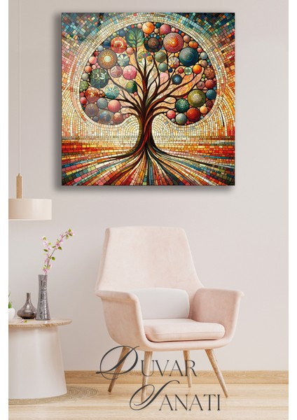 Rengarenk Hayat Ağacı Kare Cam Tablo, Modern Ev Salon Ofis Dekorasyonu Büyük Duvar Dekoru