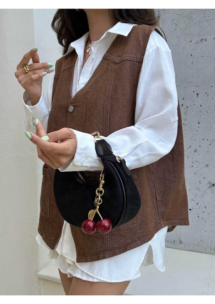 Wanda Model Süet Siyah Charm Hediyeli Kadın El ve Omuz Çantası