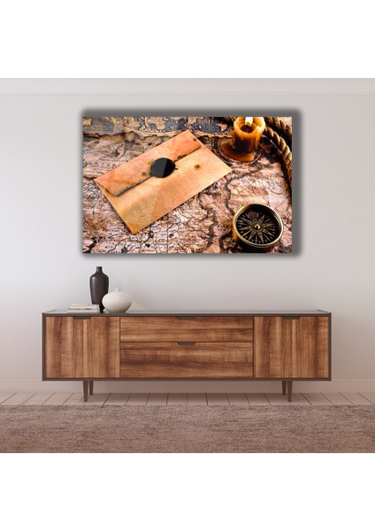 Eski Harita Mühürlü Mektup Mum ve Pusula Cam Tablo