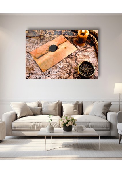 Eski Harita Mühürlü Mektup Mum ve Pusula Cam Tablo indirimleri