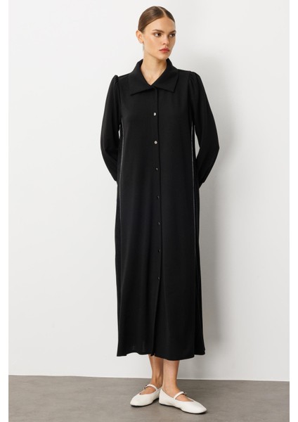Krep Esnek Doku Yan Kadife Garni Detaylı (Kap/elbise) Ferace-Siyah
