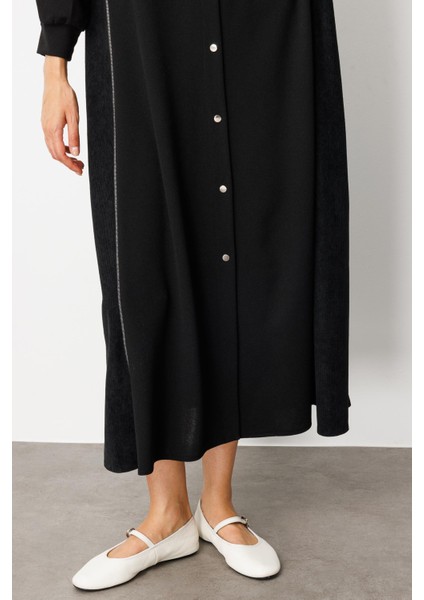 Krep Esnek Doku Yan Kadife Garni Detaylı (Kap/elbise) Ferace-Siyah fırsatları