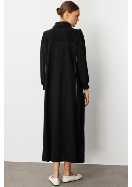 Krep Esnek Doku Yan Kadife Garni Detaylı (Kap/elbise) Ferace-Siyah