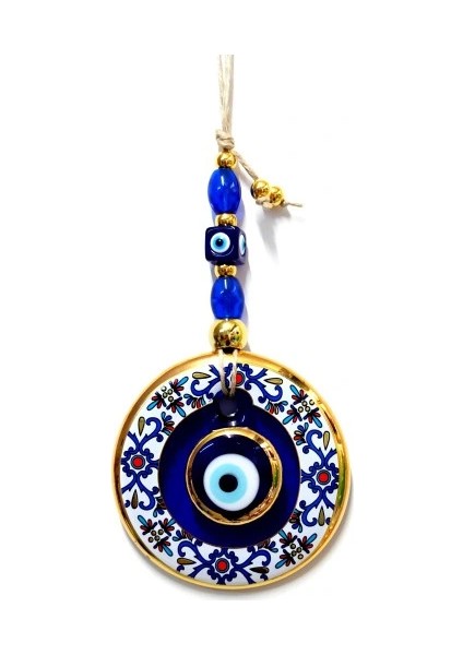 Çini Desenli Nazar Boncuklu Duvar Süsü, Cam El Işçiliği Hediyelik Eşya Altın Yaldızlı Nazar Boncuğu