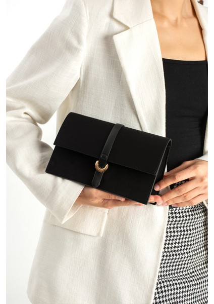 *** Bella Model Siyah Süet Kadın El ve Omuz Çantası