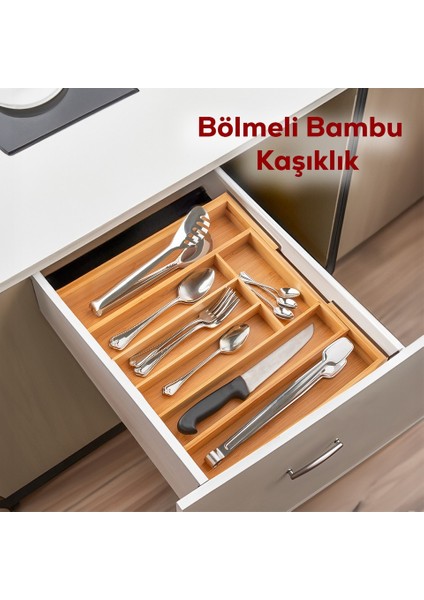 Kaşıklık Çekmece Içi Doğal Ahşap 9 Bölmeli Kaşık, Çatal, Bıçak Organizer