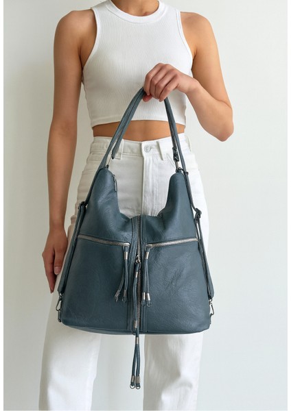 Yumuşak Suni Deri Mavi El Omuz ve Sırt Kullanımına Uygun Kadın Çanta 34*39 cm