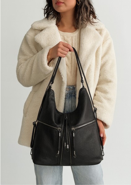 Yumuşak Suni Deri Siyah El Omuz ve Sırt Kullanımına Uygun Kadın Çanta 34*39 cm