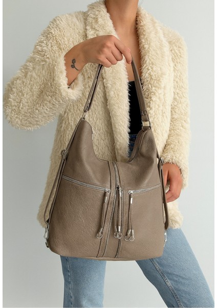 Yumuşak Suni Deri Koyu Vizon El Omuz ve Sırt Kullanımına Uygun Kadın Çanta 34*39 cm