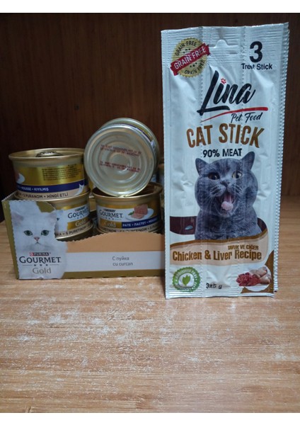 Gourmet Gold Kıyılmış Hindi Etli Kedi Konserve 5 ADET+2(6ADET) Paket Lina Tahılsız Kedi Ödül Stick