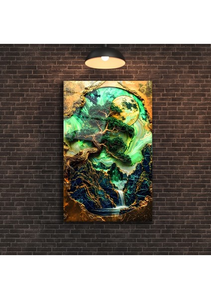 Altın Desen Detaylı Bonsai Ağacı Cam Tablo