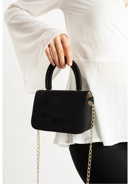 *** Kadın Şık Ufak Siyah Süet El ve Omuz Çantası