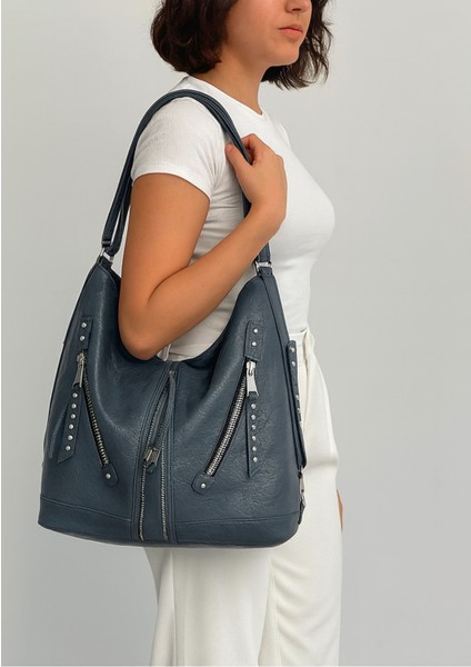 Yumuşak Suni Deri Fermuar Detaylı Mavi El Omuz ve Sırt Kullanımına Uygun Kadın Çanta 34*41 cm