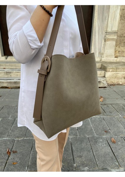 Vizon Süet Toka Detaylı Kadın Shopper Çanta
