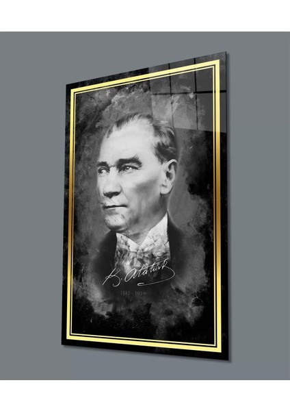 Şerit Atatürk Portresi Siyah Beyaz Cam Tablo, Uv Baskılı ve Temperli, Hediyelik
