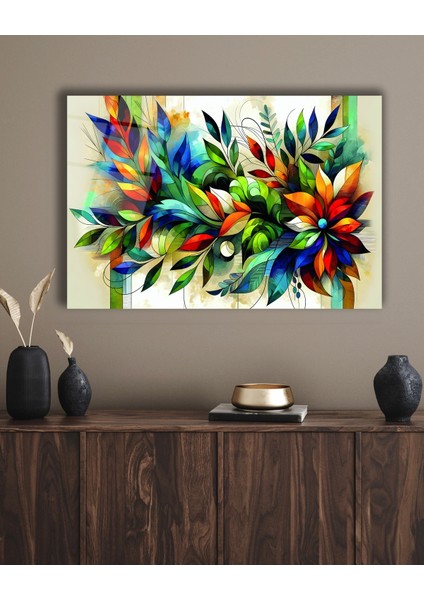 Rengarenk Yaprak Detaylı Cam Tablo