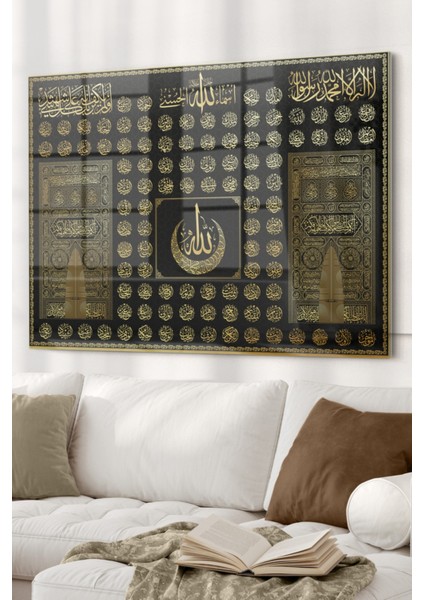 Esmaül Hüsna Kabe Örtüsü Gold Detay | Dini Temalı Cam Tablo | 50X70 cm