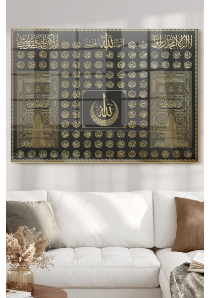 Esmaül Hüsna Kabe Örtüsü Gold Detay | Dini Temalı Cam Tablo | 50X70 cm fiyatları