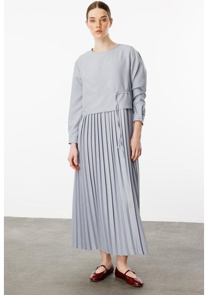 Ipekçe Aller Üst Beden Pilise Kolsuz Jile Kombin Elbise Takım-Gri