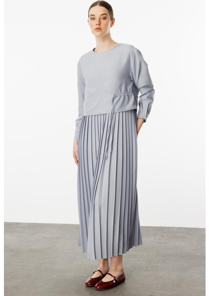 Ipekçe Aller Üst Beden Pilise Kolsuz Jile Kombin Elbise Takım-Gri