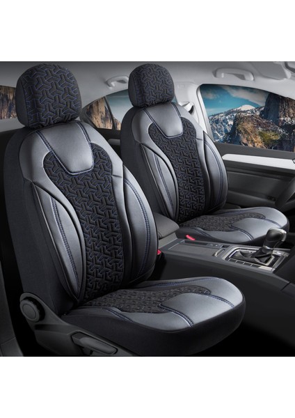 Volvo XC70 Deri Detaylı Oto Koltuk Kılıfı Ön Arka Set Siyah Mavi Siena Seri Scr
