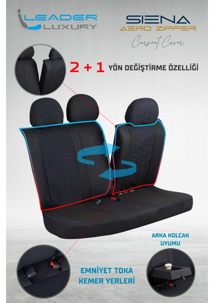 Volvo XC70 Deri Detaylı Oto Koltuk Kılıfı Ön Arka Set Siyah Mavi Siena Seri Scr