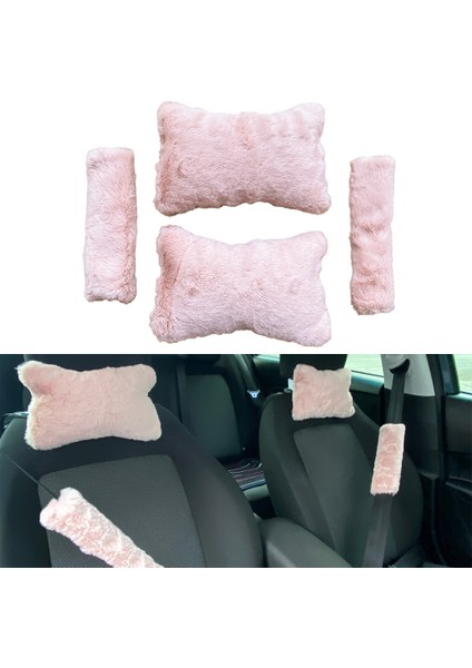 Peluş Ortopedik Araba Seyahat Boyun Yastığı Emniyet Kemer Pedi Seti Pudra Pembe