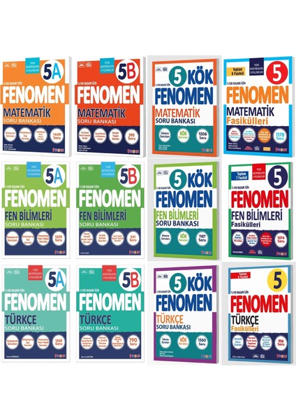 Fenomen Okul 2025 5. Sınıf Matematik + Fen Bilimleri + Türkçe Kök + A + B Soru + Fasikül Seti 12 Kit