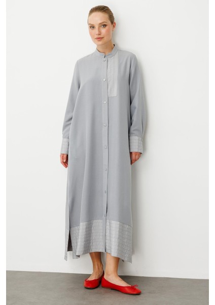 Bant / Dikiş Etek ve Kol Detaylı Ipekçe Doku Elbise Kap-Gri fiyatları