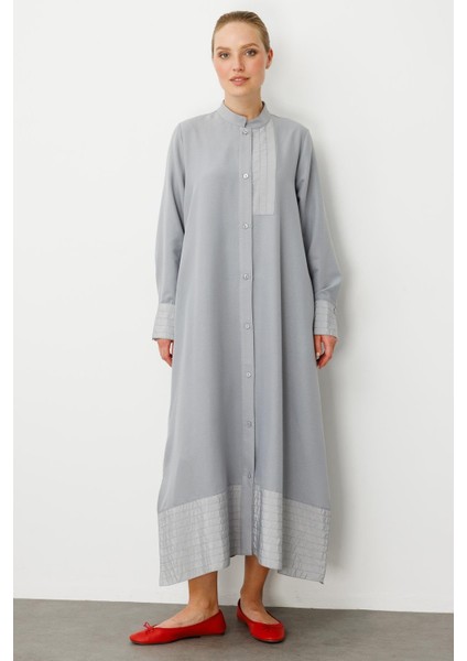 Bant / Dikiş Etek ve Kol Detaylı Ipekçe Doku Elbise Kap-Gri modelleri