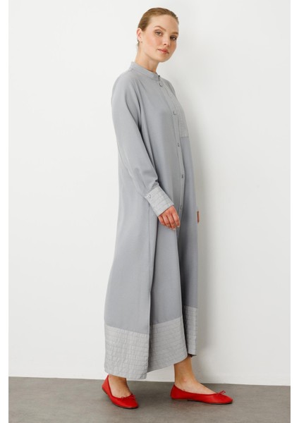 Bant / Dikiş Etek ve Kol Detaylı Ipekçe Doku Elbise Kap-Gri fırsatları