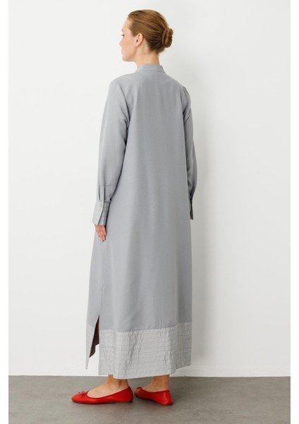 Bant / Dikiş Etek ve Kol Detaylı Ipekçe Doku Elbise Kap-Gri