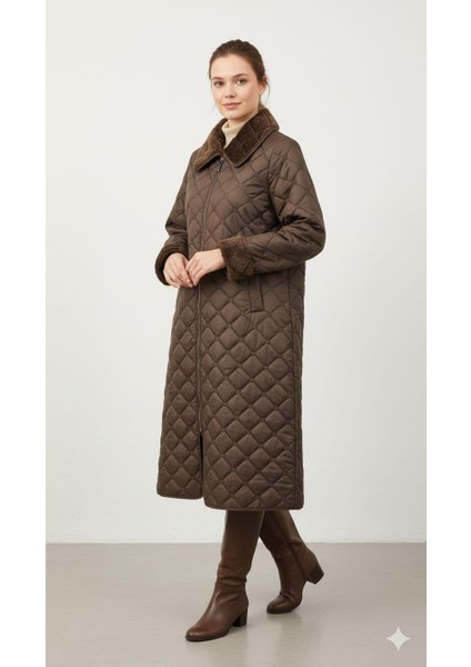 Soft Peluş Iç Katman ve Özel Nakış Desenli Ince Hafif Zamansız Özel Üretim Kaban Manto-Kahve